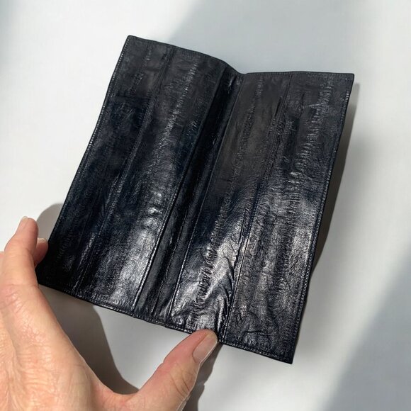 Vintage Eelskin Leather Checkbook Cover Black Slim Bifold Design - Picture 3 of 8